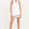 Indigo Whites Racerback Tennis Dress with Asymmetric Mesh Pleats, front view