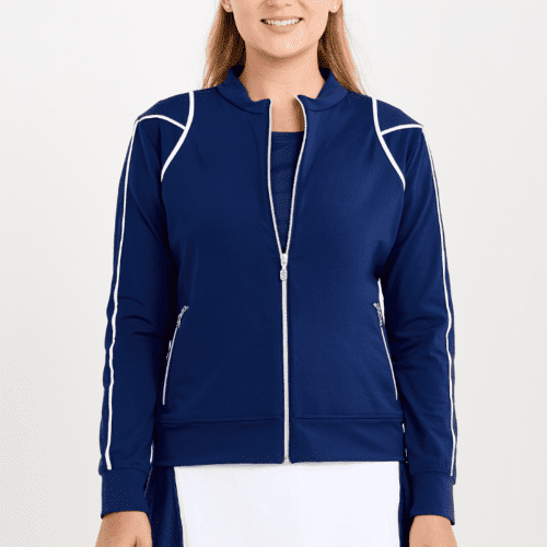 Women's Navy Tennis Jacket with White Piping Design by Sofibella, front close up view on model