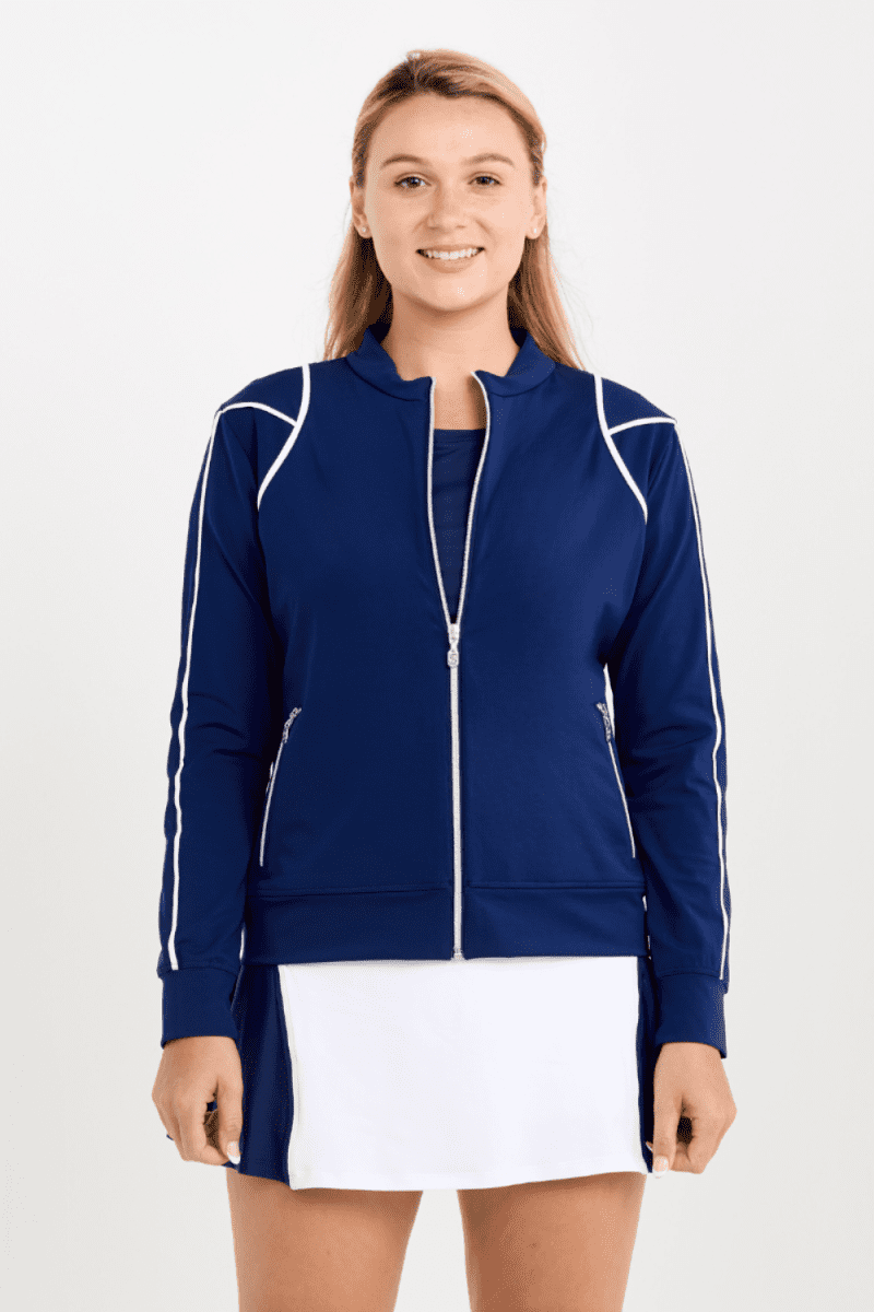 Women's Navy Tennis Jacket with White Piping Design by Sofibella, front close up view on model