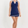 Aurora Sky Navy Tennis Dress by Sofibella with White Polo Collar, front view on model