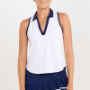 Women's White with Navy Polo Racerback Tennis Top by Sofibella, close up front image on model