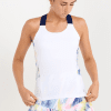 Aurora Sky Women's Tennis Racerback Top by Sofibella, front close up on model