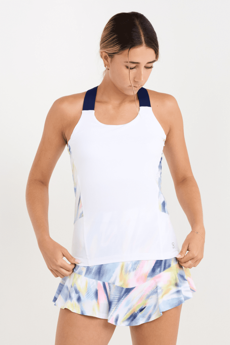 Aurora Sky Women's Tennis Racerback Top by Sofibella, front close up on model