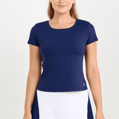 Women's Navy Short Sleeve Tennis Top by Sofibella, front close up view on model