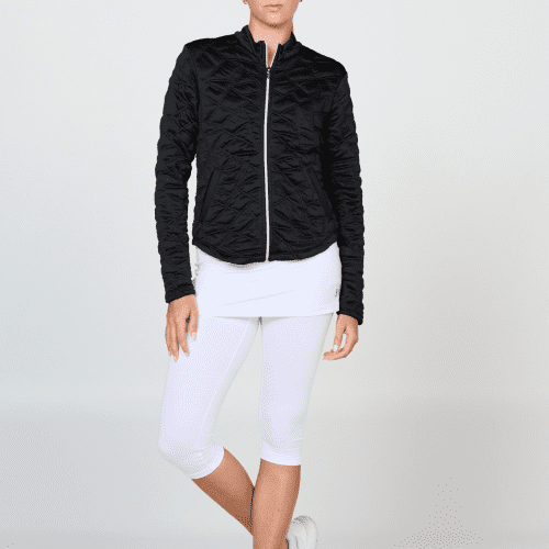 Black quilt jacket for women, full outfit