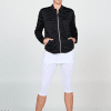 Black quilt jacket with white leggings, front view