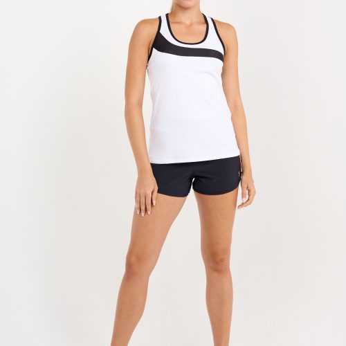 Monochrome women's tennis racerback top with mesh inserts, front view