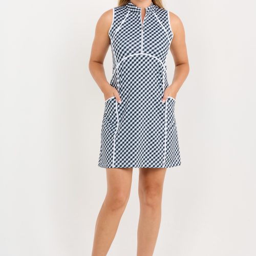 Black and white gingham sleeveless golf dress with pockets, front view