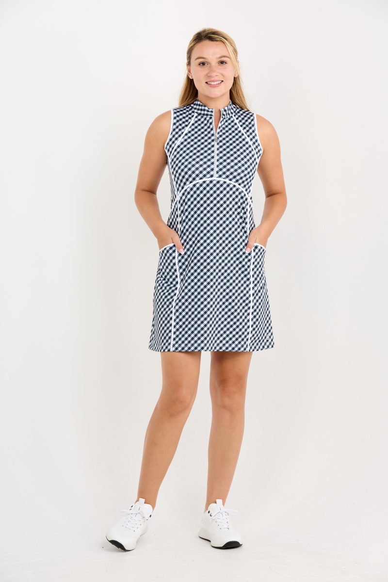 Black and white gingham sleeveless golf dress with pockets, front view