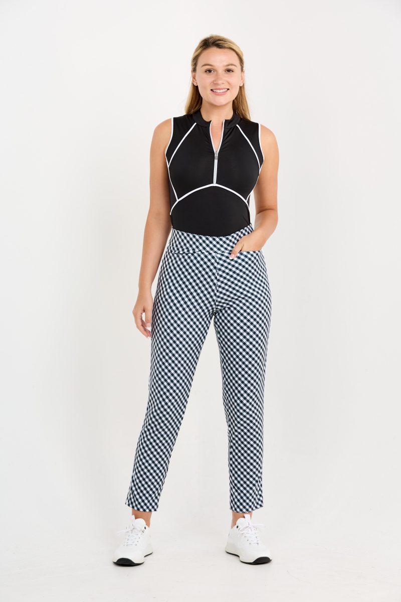 High waisted gingham women's golf ankle pant with pockets, front view