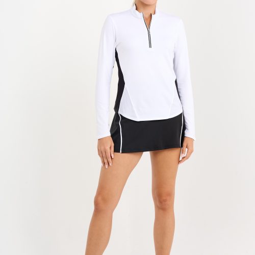 Women's white long sleeve tennis top with black mesh, front view