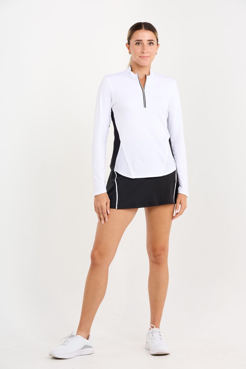 Women's white long sleeve tennis top with black mesh, front view