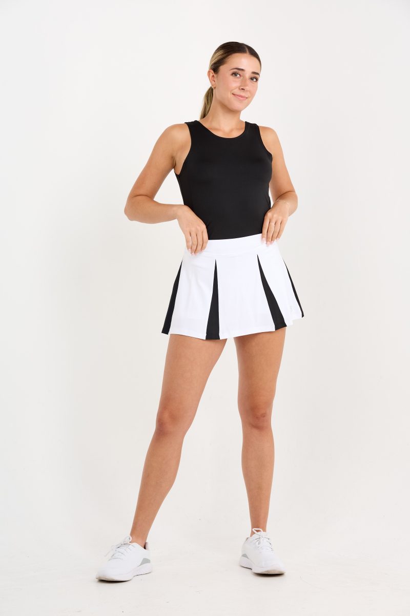 13" white with black pleated tennis skirt, front view