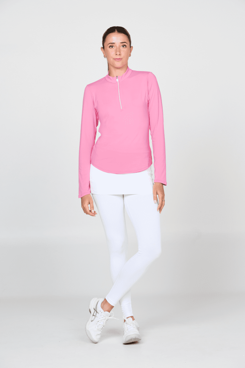 Women's Long Sleeve Tennis Top with Zipper by Sofibella, rosa color, front view