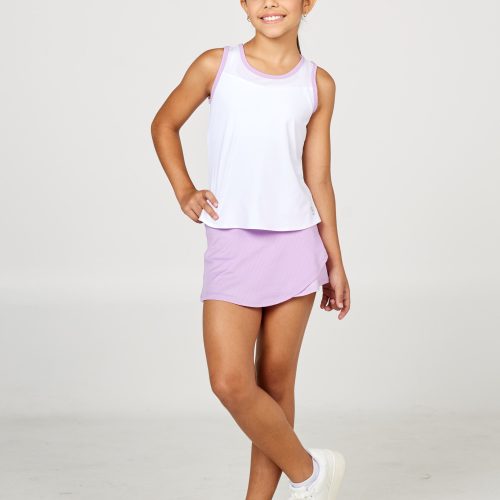 Girls' white racerback tennis tank top by Sofibella, front view