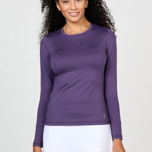 Women's Long Sleeve Tennis Crew Neck Top by Sofibella, plum color, front view