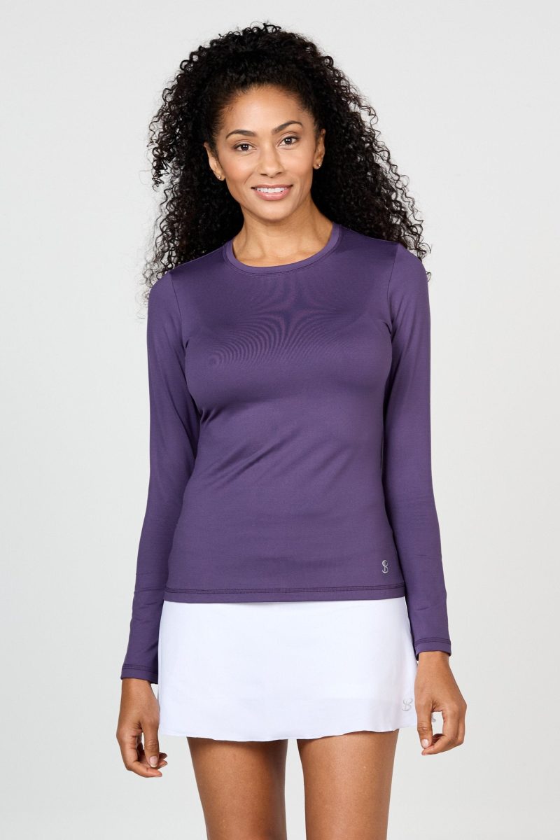 Women's Long Sleeve Tennis Crew Neck Top by Sofibella, plum color, front view