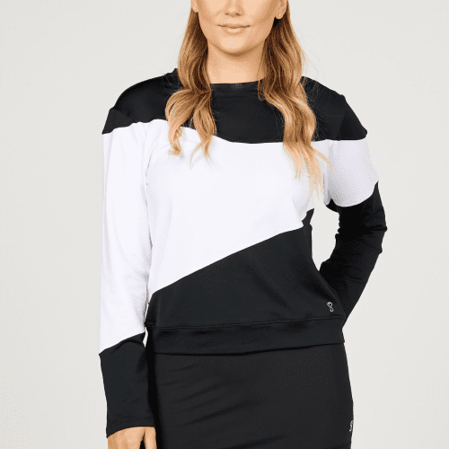 Women's long sleeve tennis pullover in black and white, close up view