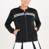 Black women's golf and tennis jacket with zipper, close up view