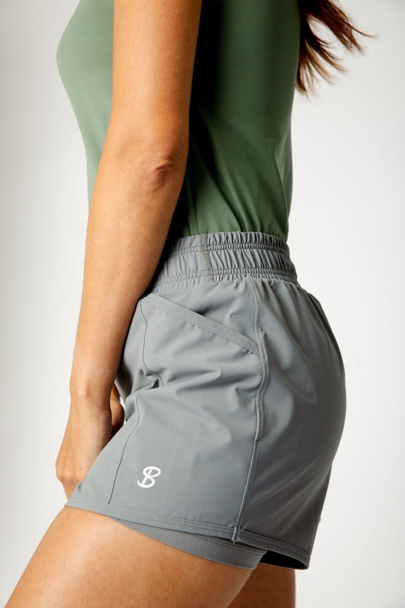 Athletic Grey Tennis Shorts by Sofibella, close up with shorties