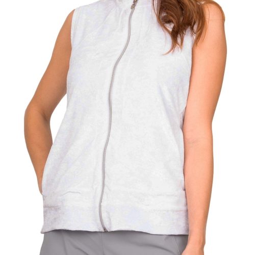 Women's White Crushed Velvet Sport Zipper Vest by  Sofibella, front view