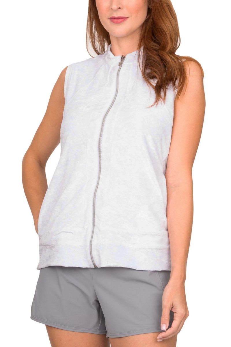 Women's White Crushed Velvet Sport Zipper Vest by  Sofibella, front view