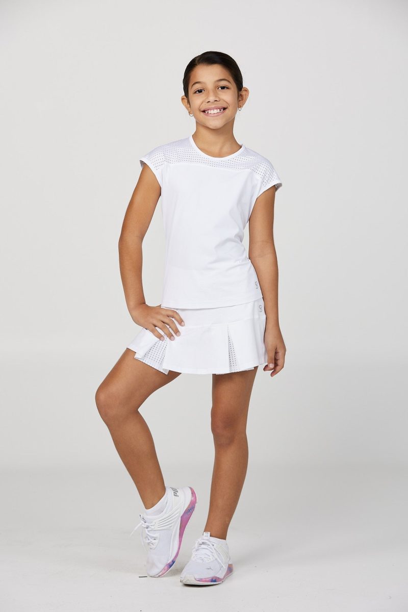 Girl's White Tennis Cap Sleeve Pullover Top by Sofibella, front view