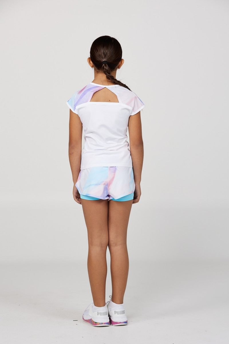 Girl's White Watercolors Cap Sleeve Tennis Top by Sofibella, back view