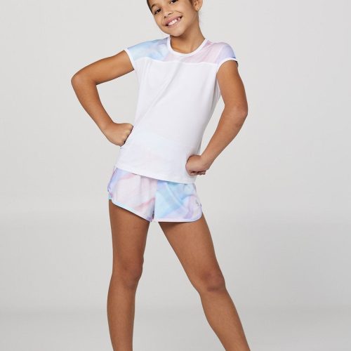 Girl's White Watercolors Cap Sleeve Tennis Top by Sofibella, full front view on model