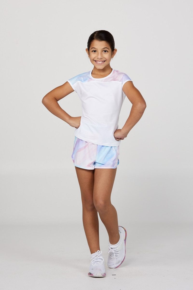 Girl's White Watercolors Cap Sleeve Tennis Top by Sofibella, front view