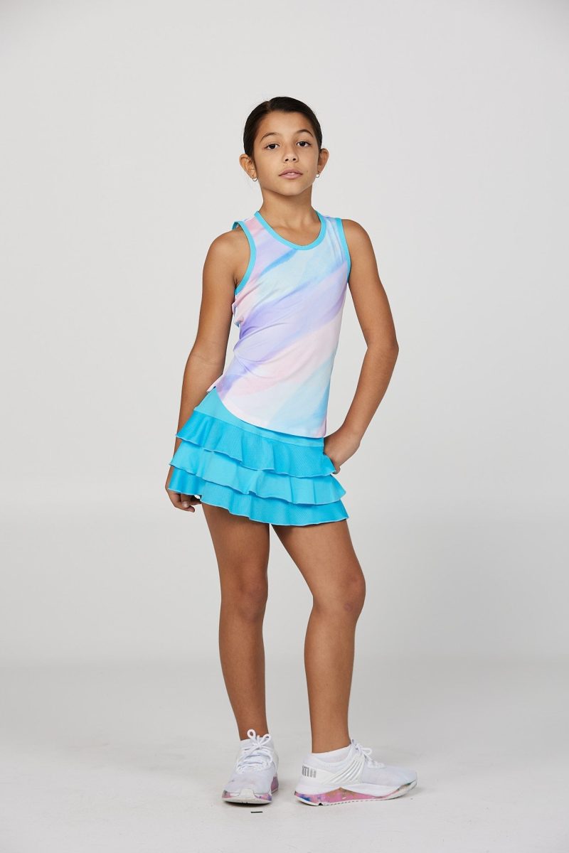 Girl's Watercolor Print Tennis Tank Top by Sofibella, front view on model