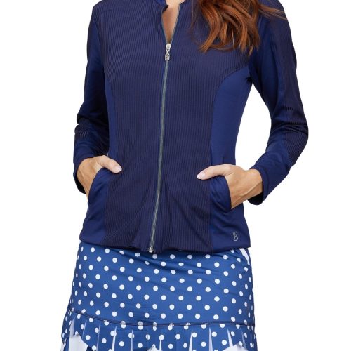 Women's UV Staples Navy Ribbed Tennis and Golf Jacket by Sofibella, front view