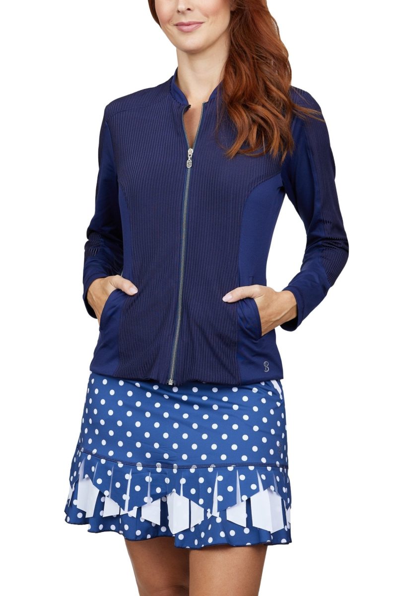 Women's UV Staples Navy Ribbed Tennis and Golf Jacket by Sofibella, front view