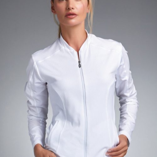 Women's UV Staples White Ribbed Tennis and Golf Jacket by Sofibella, front view