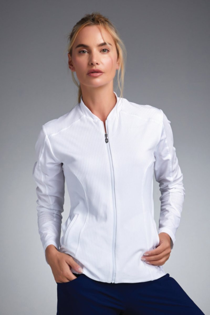 Women's UV Staples White Ribbed Tennis and Golf Jacket by Sofibella, front view