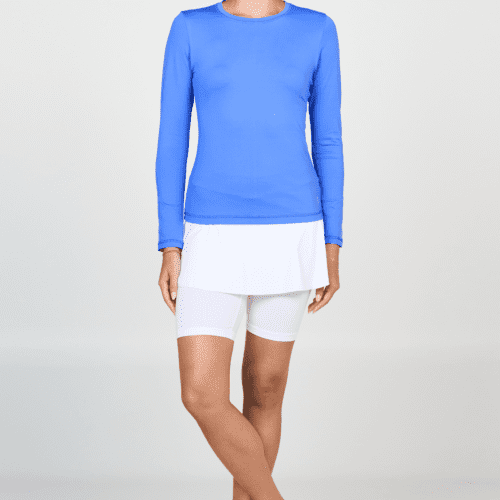 Women's Long Sleeve Tennis Crew Neck Top by Sofibella, valley blue color, front view