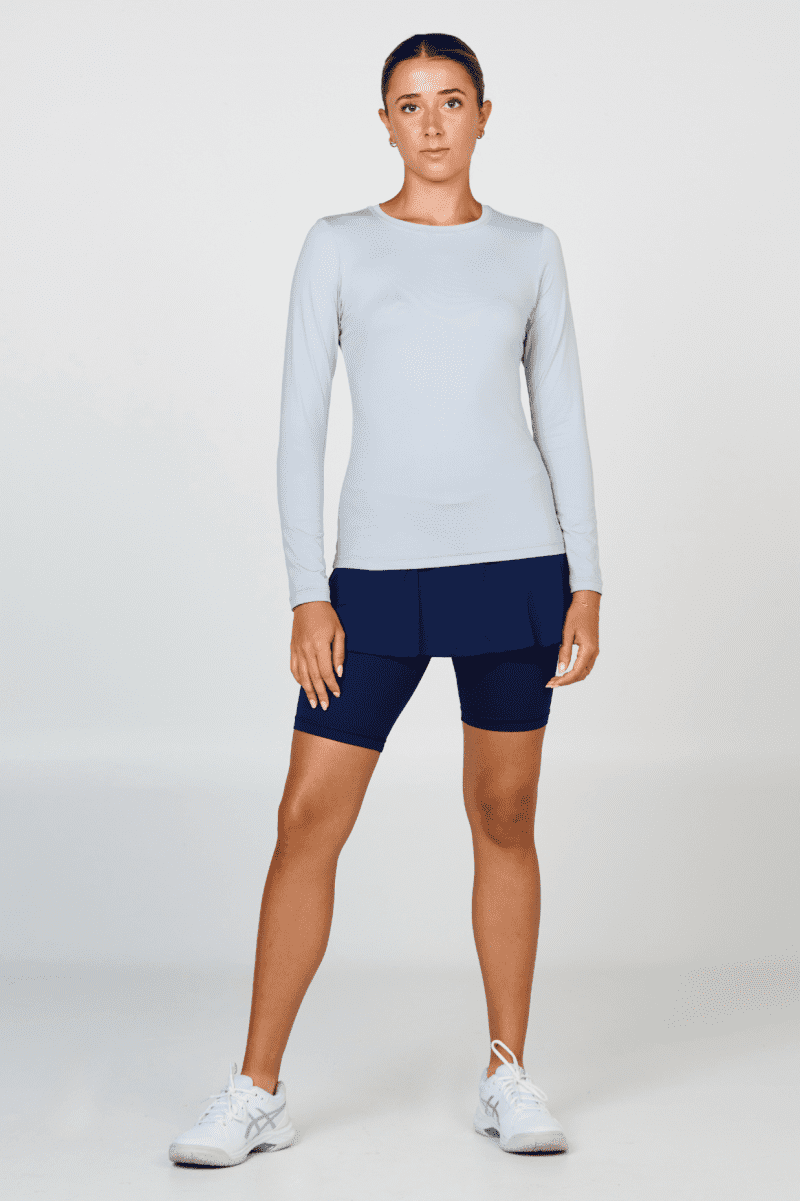 Women's Long Sleeve Tennis Crew Neck Top by Sofibella, stone color, front view