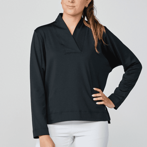 UV Staples Overlapping V Neck Black Tennis Pullover by Sofibella, front view