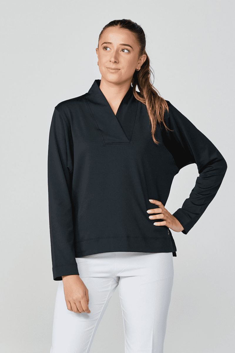 UV Staples Overlapping V Neck Black Tennis Pullover by Sofibella, front view