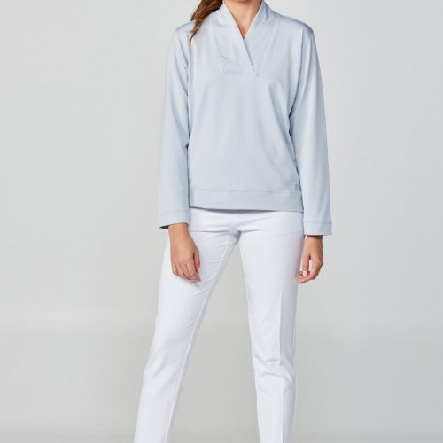 UV Staples Overlapping V Neck Grey Tennis Pullover by Sofibella, front view