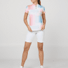 Front view of women's golf top with zipper in pink and blue