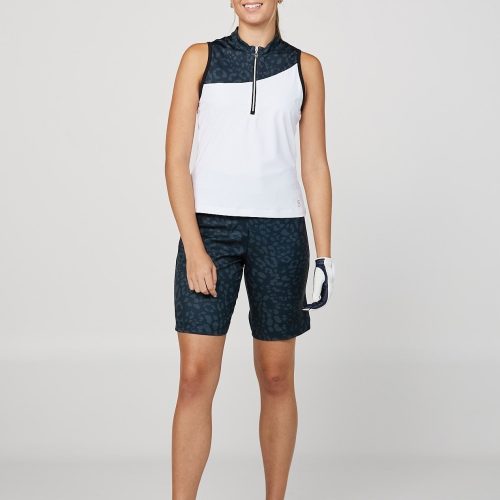 Isla Bonita Women's Golf Sleeveless Zipper Top by Sofibella, white and navy front view