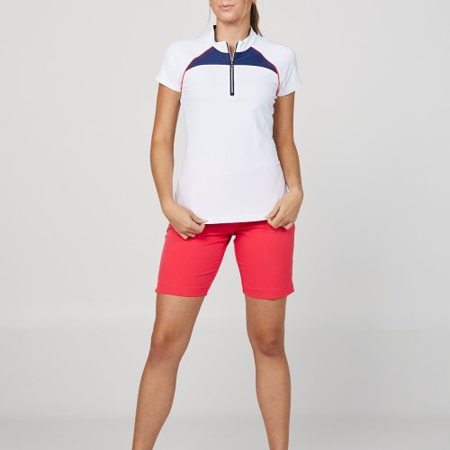 Women's White Raglan Golf Short Sleeve Zipper Top by Sofibella, full front view