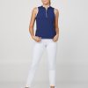 Women's Band Collar Sleeveless Zipper Golf Top by Sofibella, navy front view